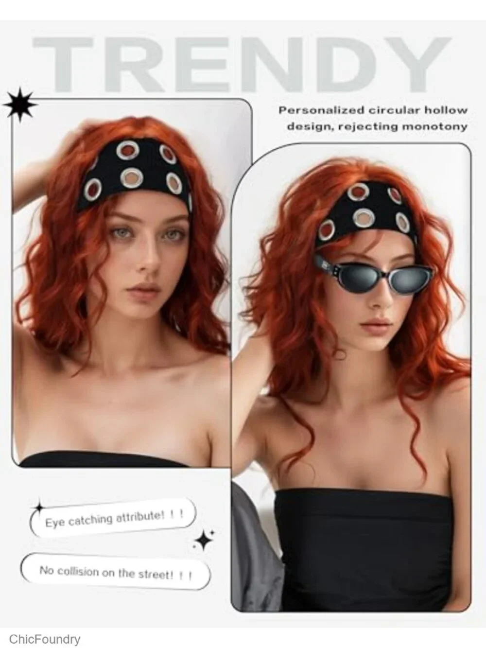 Wide Stretch Headband with Metal Grommets for Women Men Black
